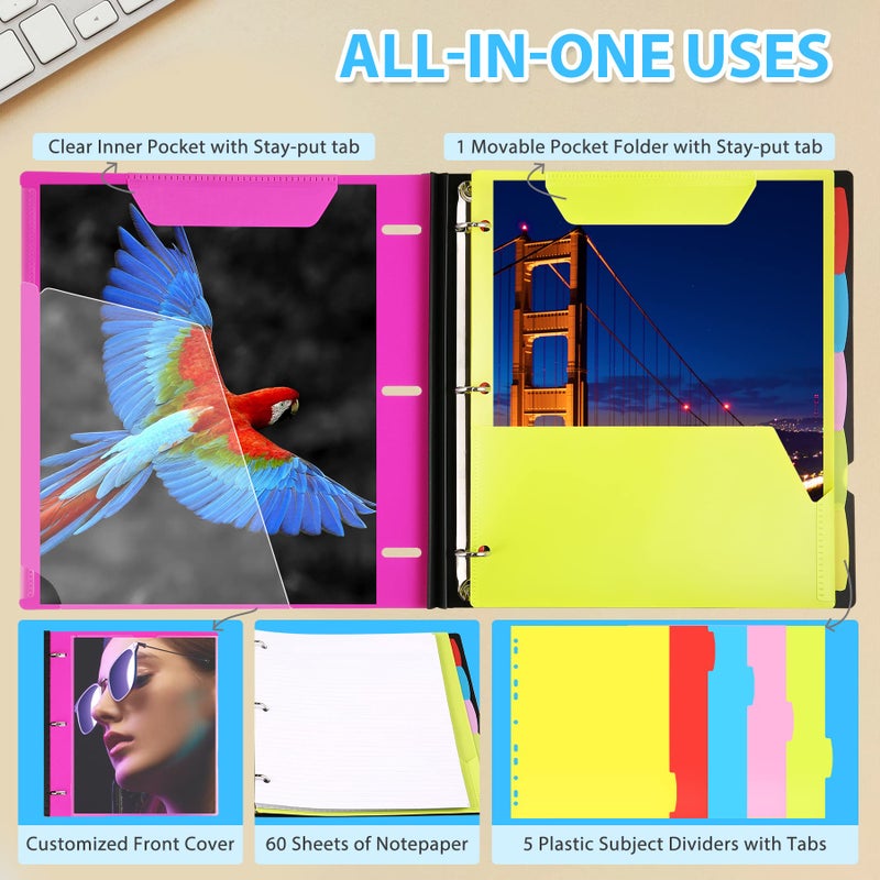 ووت آي WOT I 2-Pack Telescoping 3 Ring Binder Notebooks - غطاء قابل للتخصيص، 5 فواصل ومجلد جيب في منظم واحد رفيع (60 ورقة متضمنة)، وردي - Image 4